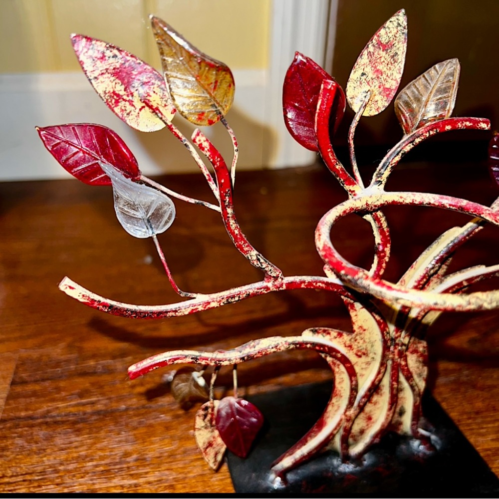 Tree of Life India Art Rustic Red Gold Translucent Leaf Vintage Candle Holder - Picture 8 of 11
